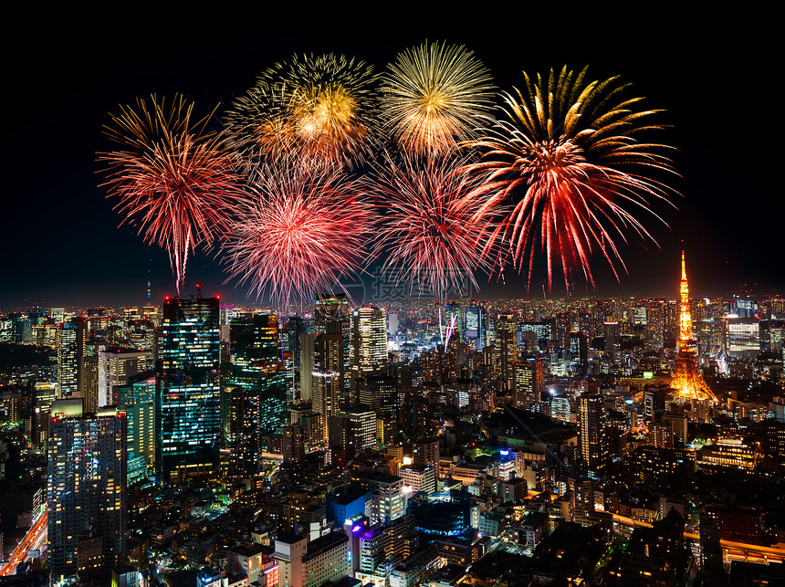 日本东京市风景的烟花节日图片