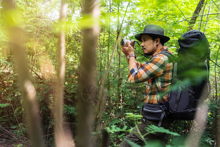 背着包的男旅行者使用相机拍摄自然森林的照片自然的高清图片素材