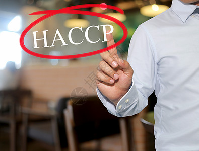 haccp人类触摸文字HACCP的手白色HACCP在模糊的内幕背景采用的概念以促进你的业务组织背景