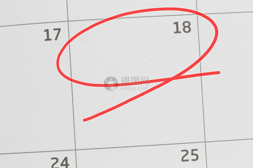 关注日历中的第18号和空白的红色椭圆来设计你的想法和工作概念图片