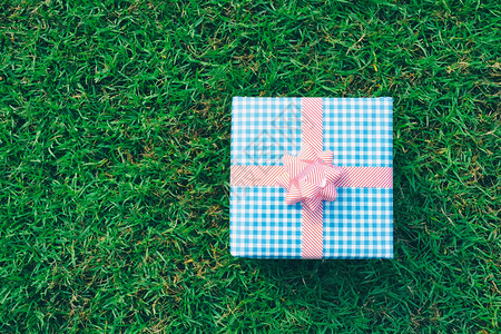 在圣诞新年情人节或周纪念日绿草坪上的蓝礼物盒背景图片