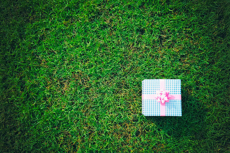 圣诞新年情人节或周纪念日绿色草坪上的礼品盒背景图片