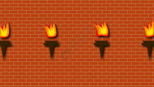 砖红色的墙壁与燃烧明亮的火炬在卡通风格三维渲染背景计算机生成砖红色的墙壁燃烧着卡通风格的明亮火炬3d渲染背景电脑生成背景图片