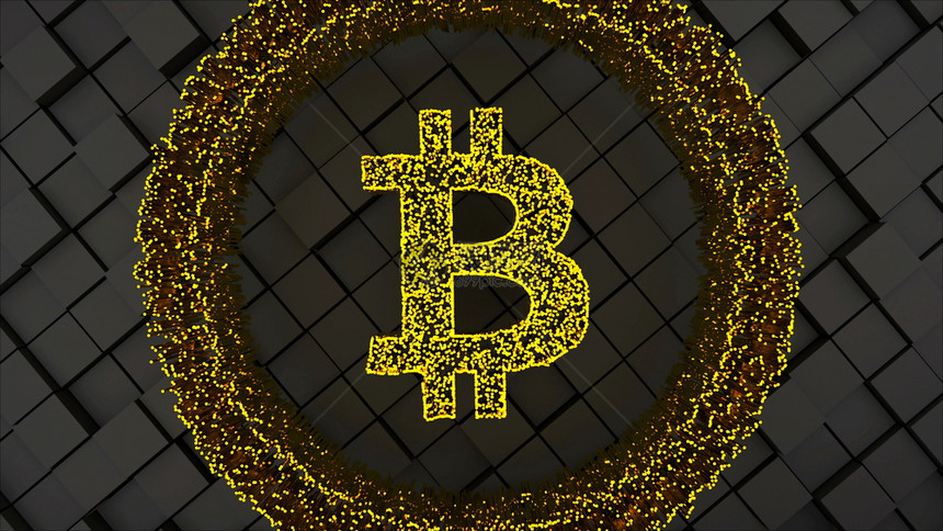 Bitcoin硬币符号有许多颗粒和平方表面计算机生成了抽象技术背景3d转换背景硬币符号有许多颗粒和平方表面图片