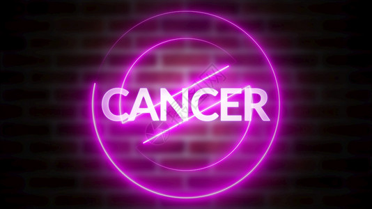 CANCER字在砖块背景下的3D字拼写计算机生成的铁质框架符号用荧光激灯停止3D字拼写在砖块背景下的CANCER文本计算机生成的疾病高清图片素材