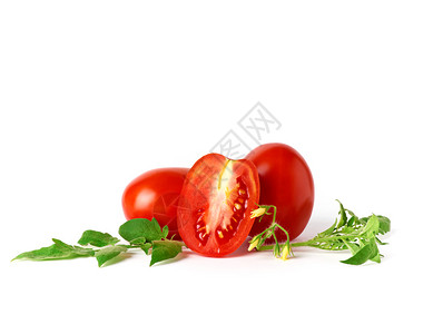 成熟的全红番茄和切片白底绿叶秋收沙拉和烹饪背景图片