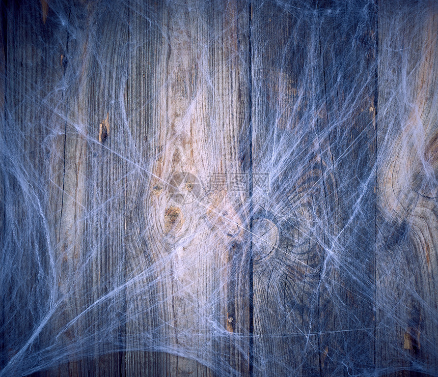 白蜘蛛网在构成的角落旧板灰木背景万圣节的复制空间图片