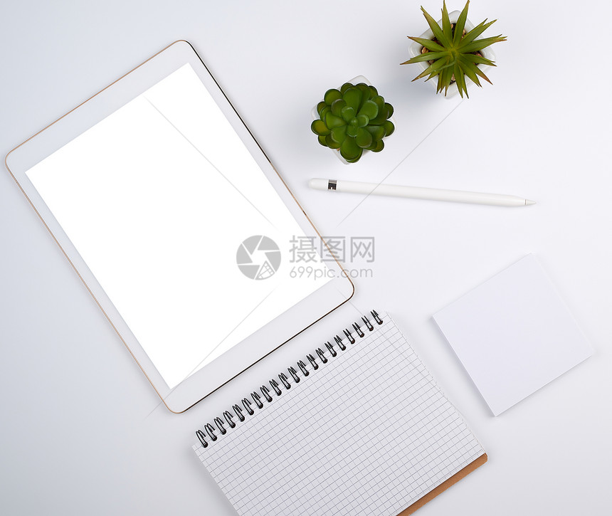 白电子平板屏幕和铅笔在白桌上有绿色植物的锅子附近最高视图设计师工作场所图片