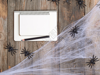 白色蜘蛛网白页蜘蛛网和黑笔记本开放以木形背景顶视图为背景