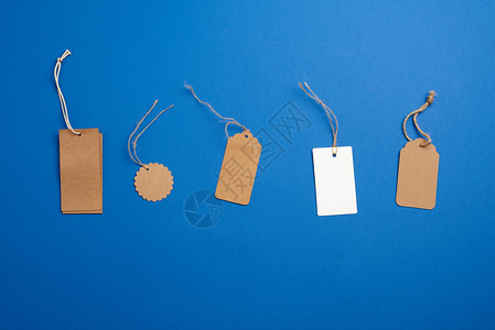 蓝色背景上的绳索一套纸面棕色和白空标签用于包装设计的旧平板商业模纸面棕色标签空价格背景图片