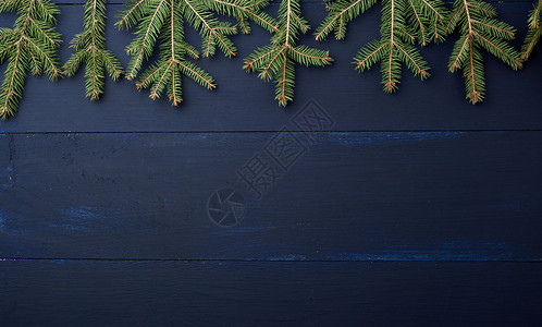 深蓝色背景的绿针叶枝木板圣诞节日背景复制空间图片