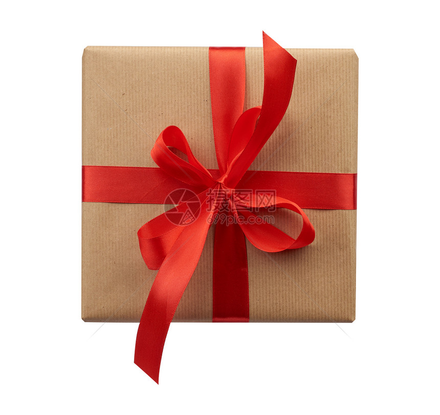 方形框用棕色克拉夫纸包着绑有丝绸红色带顶视图白色背景的礼物图片
