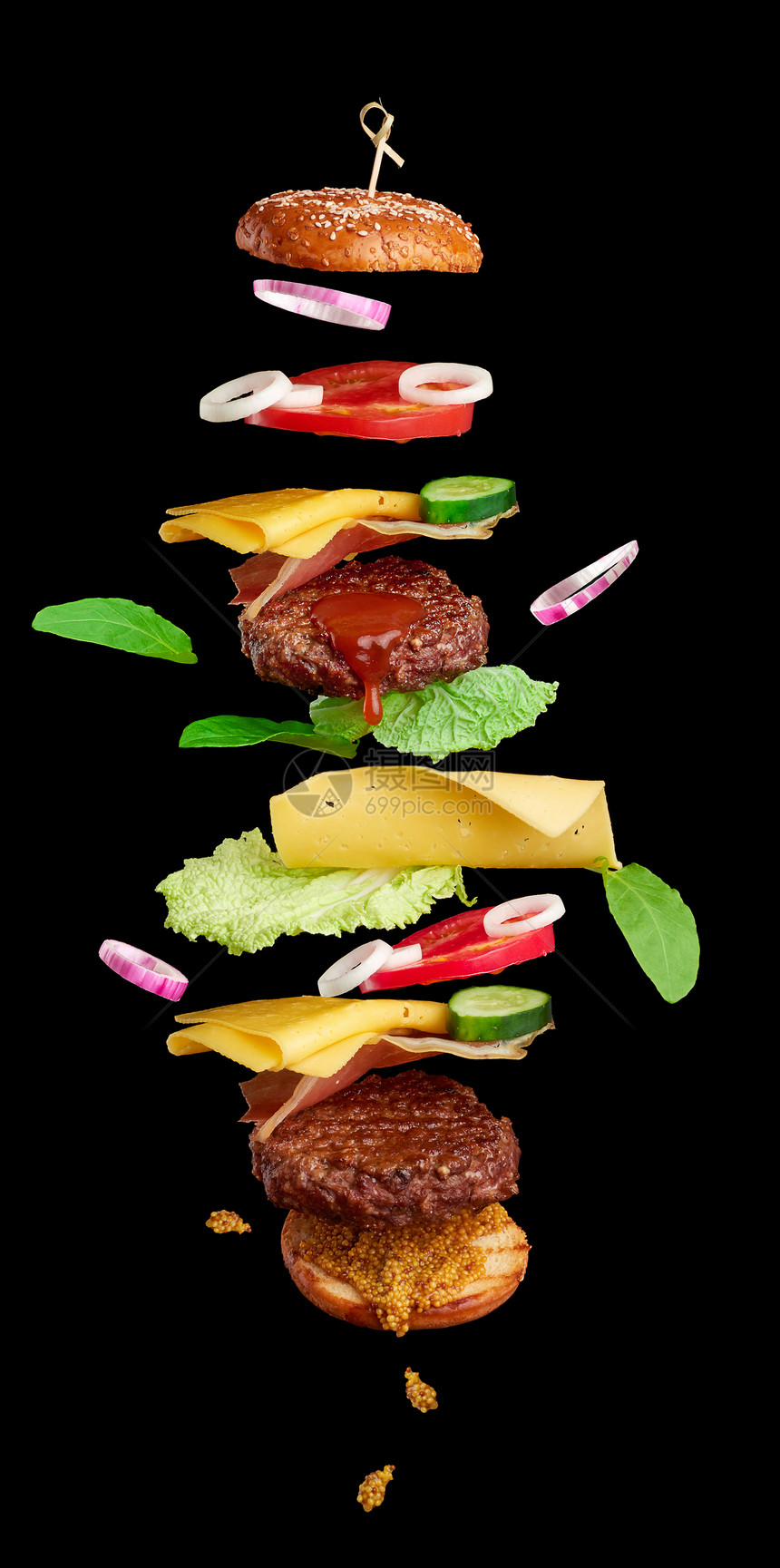 食用汉堡成分切菜芝麻种子包番茄洋葱绿生菜黑底奶酪美味的双芝士汉堡图片