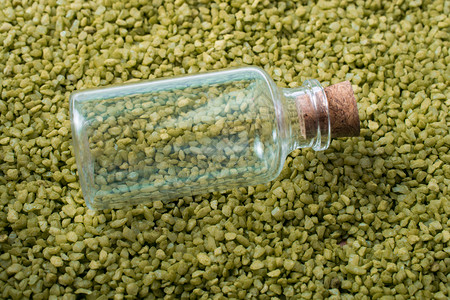 空小瓶子放绿色沙上图片