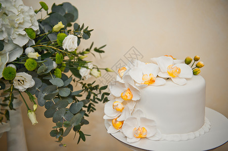 甜点蛋糕用花朵盛装放桌子上图片