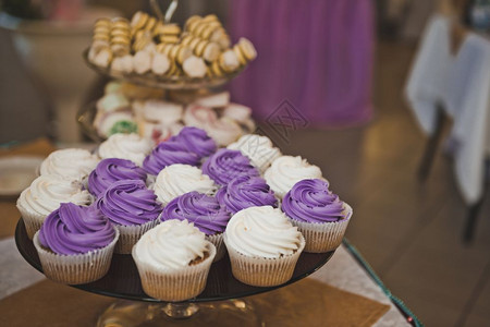 假日桌上的多彩蛋糕白色和紫小蛋糕7028背景图片