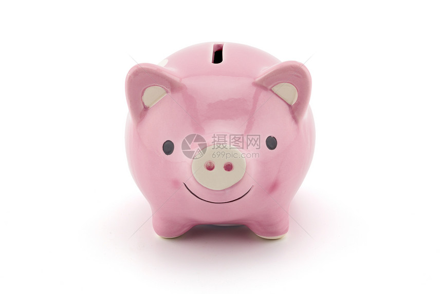 粉红色陶瓷小猪银行在白色背景上隔离剪切部分图片
