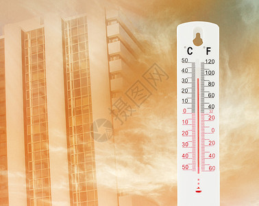 热带温度为34摄氏用带有塔底背景的户外温度计测量高清图片