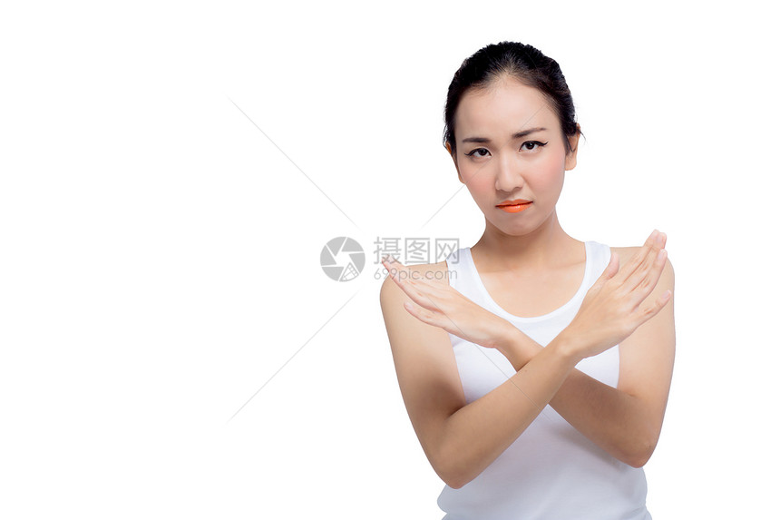 亚洲妇女用空白的复制间用手拿NO表示否认亚洲妇女表示否认美丽的泰国女孩肖像人消极情感表达孤立在白色背景上图片