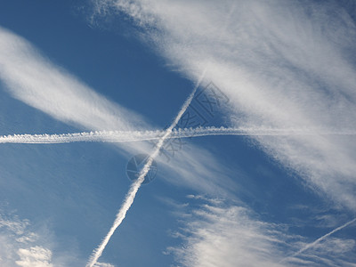 蓝色天空中有飞机飞过的痕迹背景图片