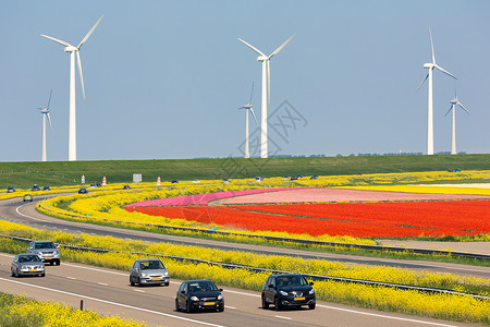 黎德翠园利斯塔德和埃美洛之间的荷兰高速公路沿多彩的郁金园和风力涡轮机沿着多彩的郁金园和风涡轮机背景
