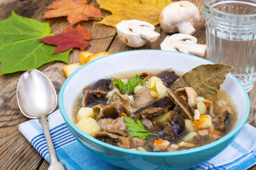 美味自制汤配有蘑菇和土豆工作室照片图片