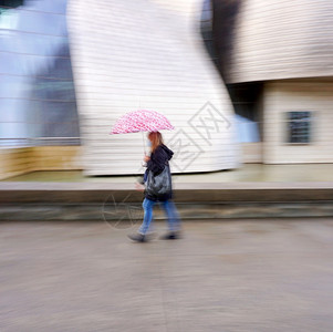 西班牙毕尔巴鄂市春季雨天带伞的人背景图片