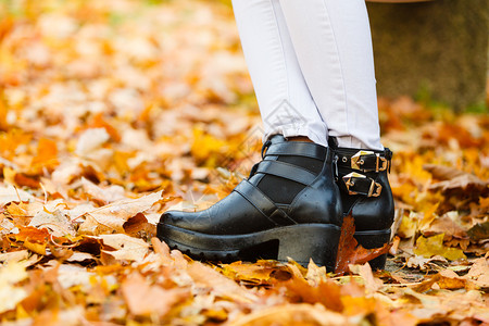 大自然放松风景的叶子概念年轻女士站在户外穿着时尚鞋的女孩在外面图片