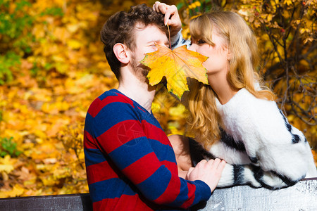 情侣在公园约会用树叶遮住亲吻的脸图片