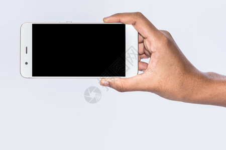 手持移动电话白色背景上的黑屏背景图片