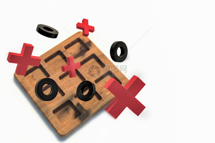 白色背景上的木质调控脚趾游戏红十字和黑色无符号3D插图图片