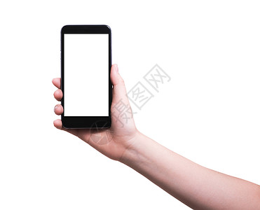 女手持现代智能机用孤立白种背景的黑屏遮现代智能手机图片