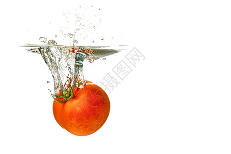 白色背景水中新鲜红番茄喷洒在白背景水中健康食品概念图片