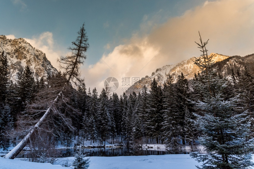 Gruner看到绿湖冬天寒冷的旅游点FrozenGruner看到绿湖奥地利旅游景点图片