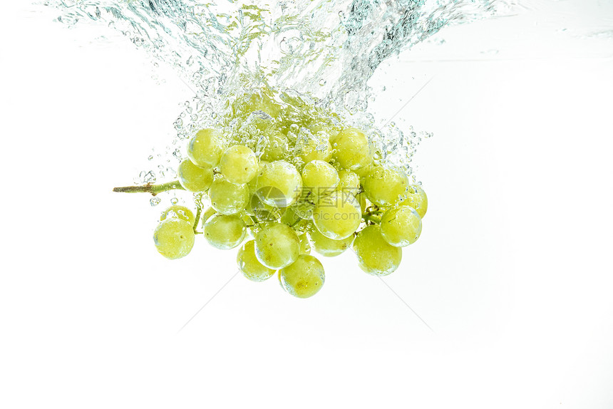 马斯喀特新鲜白葡萄流落到水中喷洒在白背景上孤立新鲜马斯喀特白色葡萄背景上孤立图片