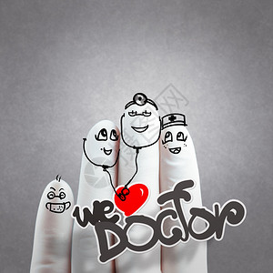 可爱的亲手画指医生和护士我们爱在纹理背景上的医生概念图片