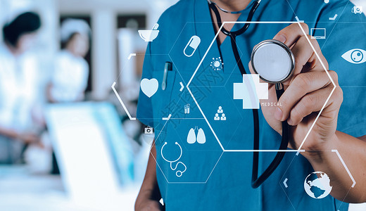 护士图标保健和医药概念智能医生在现代院与听诊器合作使用VR图标背景