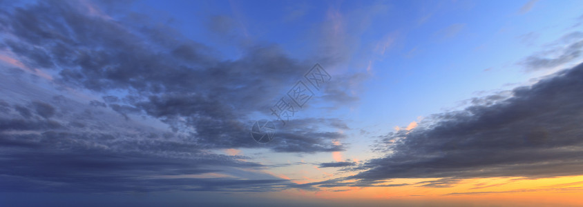 日落的夏夜天空全景上面有羊毛云层背景图片