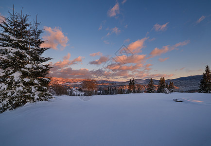 阿尔卑斯山村郊外昨晚日落阳光明媚冬季雪山和fir树图片