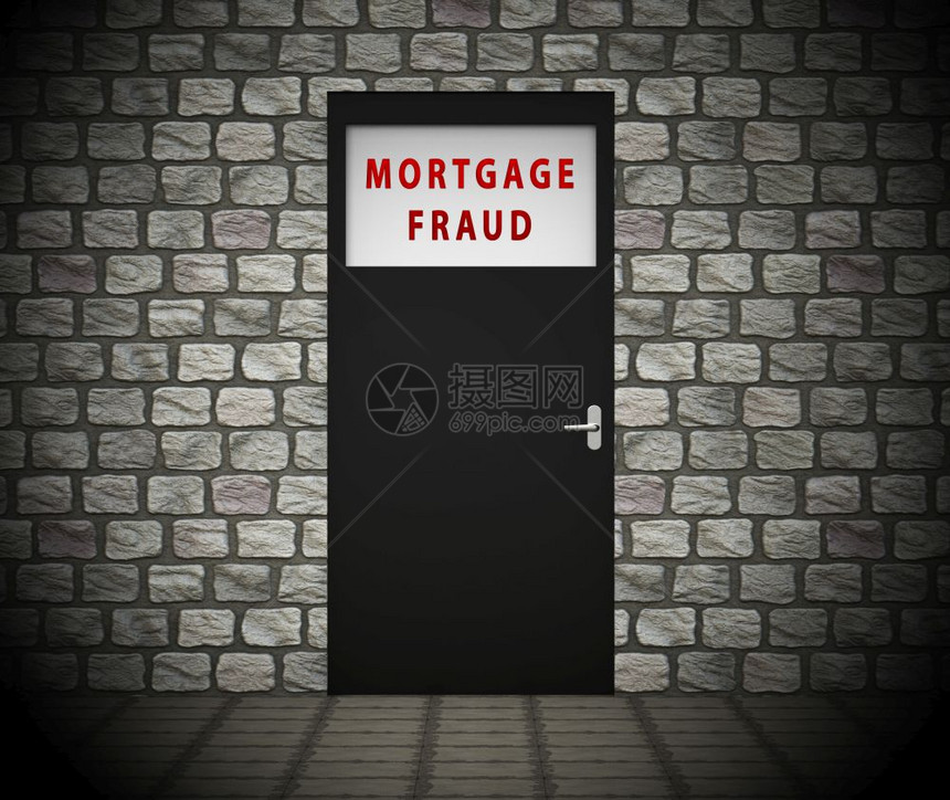 抵押贷款欺诈Doorway代表财产贷款库或再融资集团欺诈者为金融或公平释放而冒钱3d说明图片