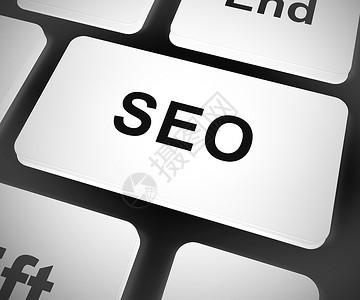 SEO概念图标是指搜索引擎对网站流量的优化在线促销排名和改进售3D插图SEO计算机键显示互联网营销和优化万维网高清图片素材