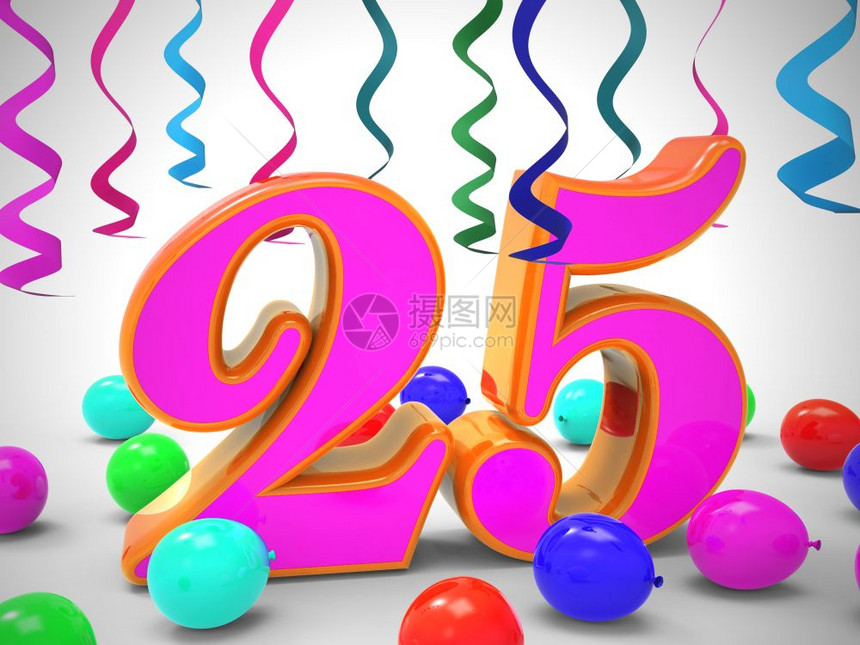 25岁生日庆祝气球展示了一件喜事用欢乐的25岁派对庆祝25岁3d插图图片