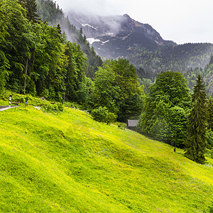 奥地利草原森林山地牧场草原和村庄图片