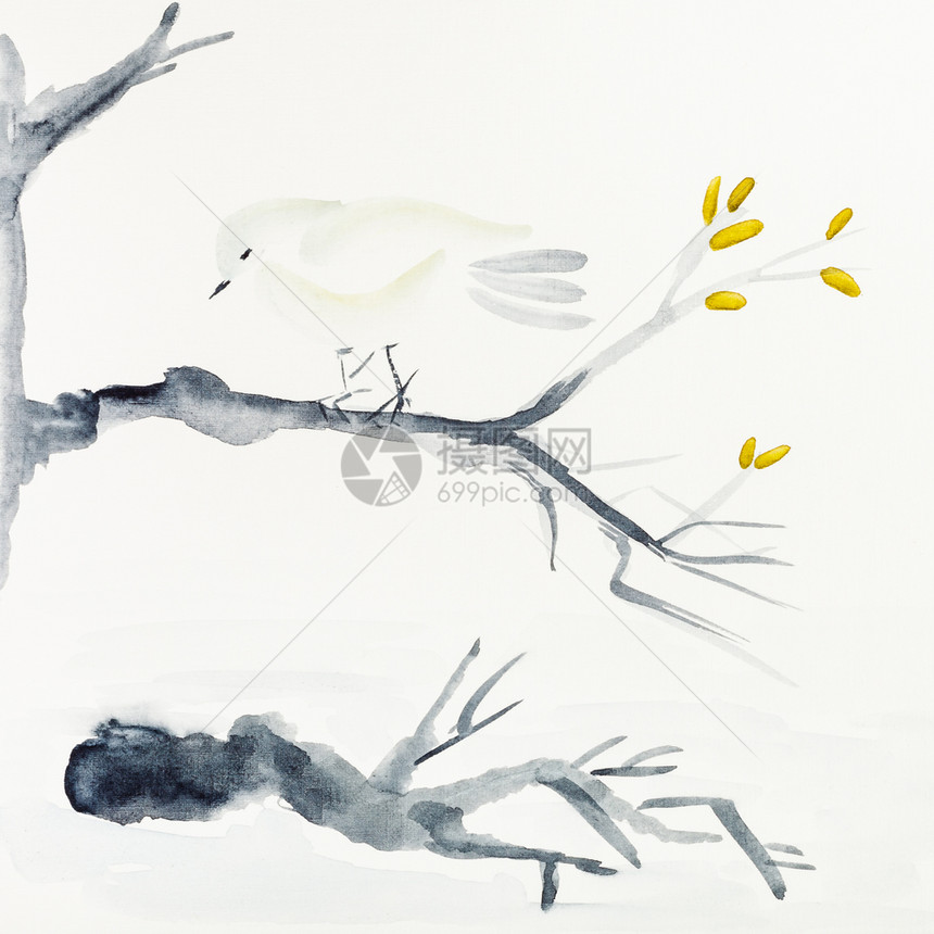在奶油纸上手工绘画用黑黄水彩的树枝上鸟图片