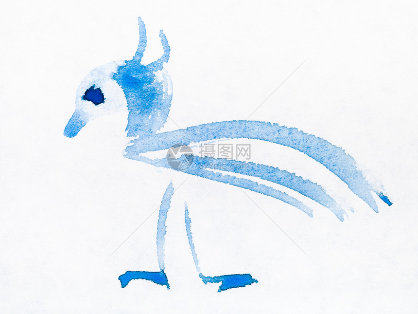 白纸上用面板e风格手工绘画用水彩色制的蓝装饰鸟类图片