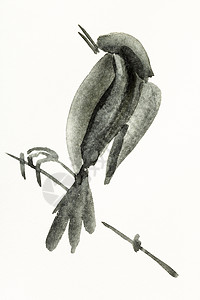水墨淡彩用水彩漆色涂料用Sumiesuibukuga风格的培训绘图树枝上的鸟是用奶油纸手工画的背景