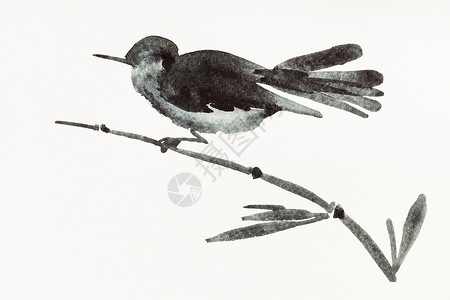 水墨淡彩用水彩漆色涂料用Sumiesuibukuga风格的培训绘图竹上的鸟是用奶油纸手工画的背景