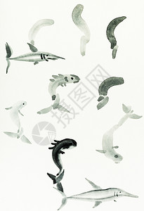以水彩油漆suibokuga方式用水彩色涂料绘制训练各种鱼的草图用手画在乳油纸上背景图片