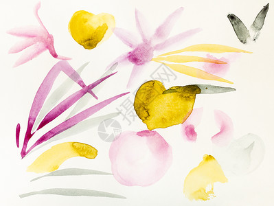 水彩黄色笔刷以水彩油漆suiesuibukuga方式用水彩色涂料进行培训鲜花和叶子的草图用手画在奶油纸上背景