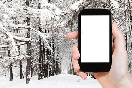 旅行概念莫斯科市公园冬季城雪覆盖的拉切小巷旅游照片用智能手机拍摄空白剪切屏广告位置背景图片